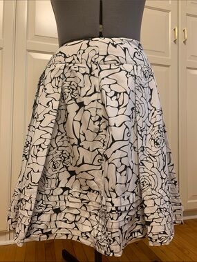 Black & White Floral A-Line Skirt with Ruffle Hem